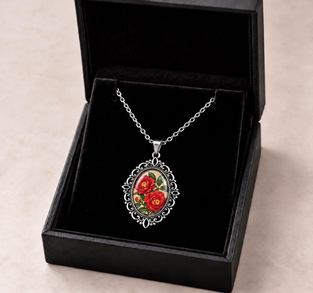 Collier Camélia Écarlate – Pendentif Floral Vintage
