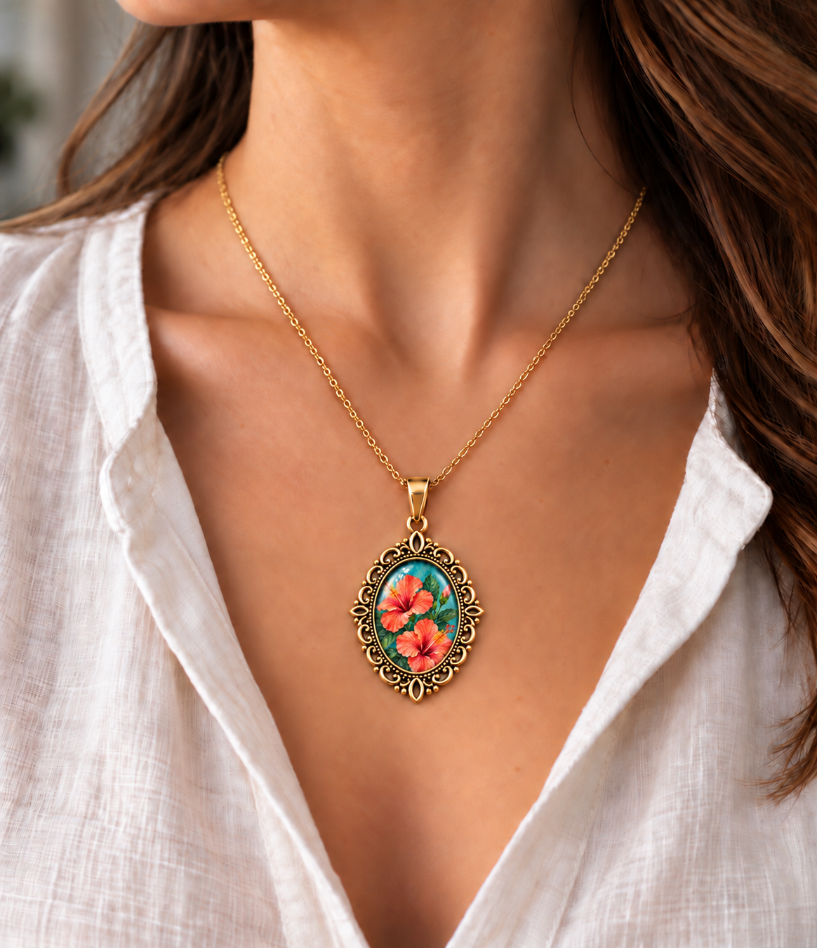 Collier Hibiscus Corail – Pendentif Floral Vintage
