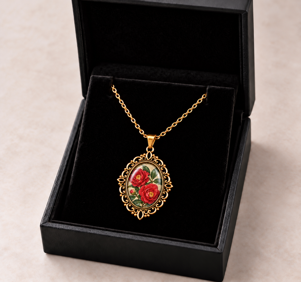 Collier Camélia Écarlate – Pendentif Floral Vintage