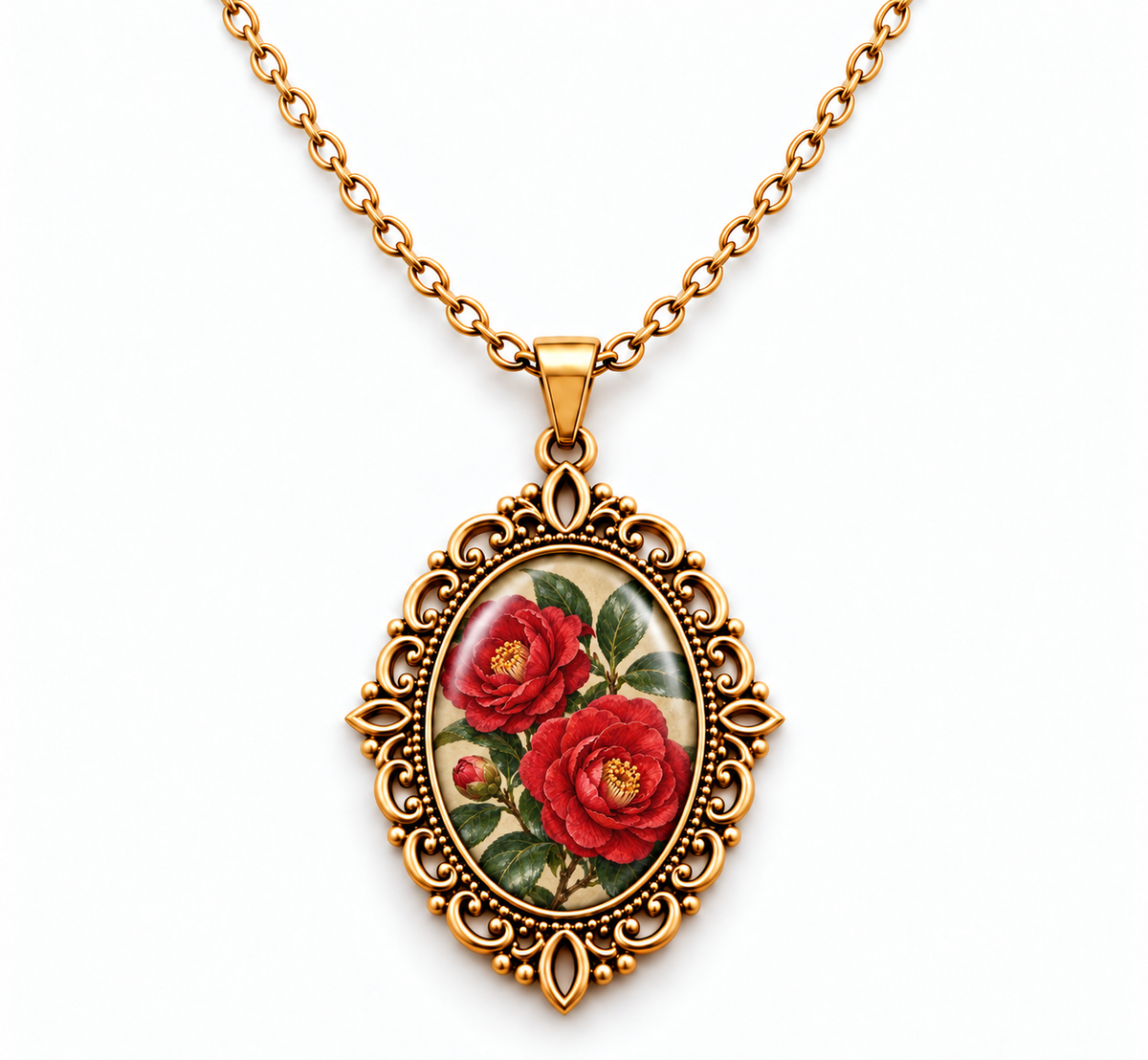 Collier Camélia Écarlate – Pendentif Floral Vintage