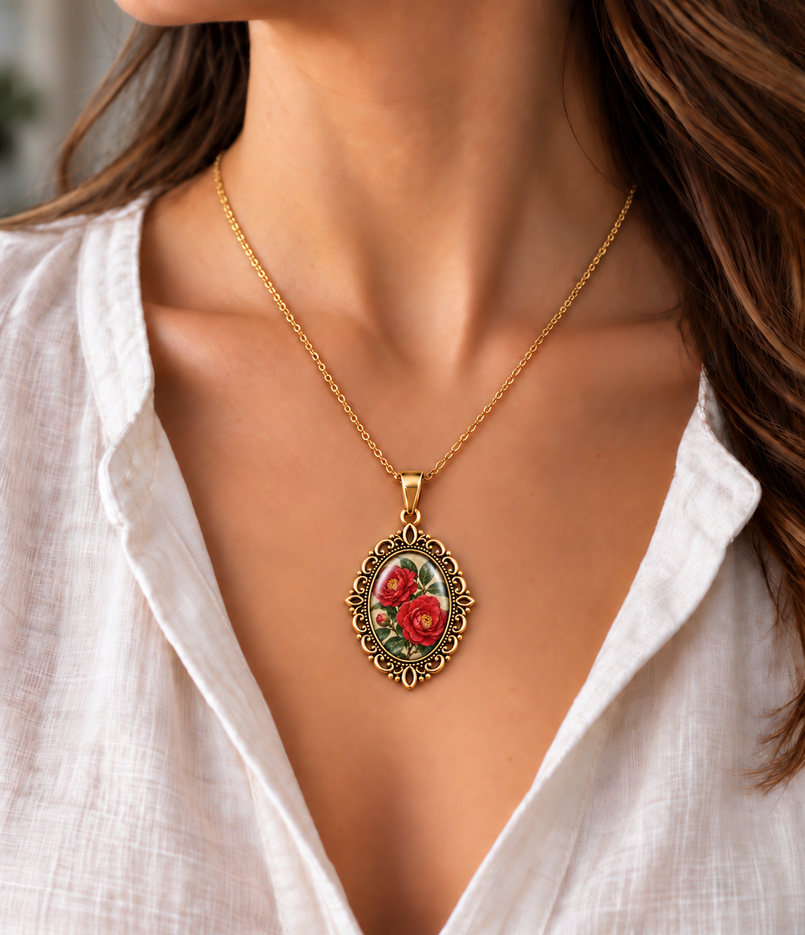 Collier Camélia Écarlate – Pendentif Floral Vintage