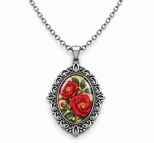 Collier Camélia Écarlate – Pendentif Floral Vintage