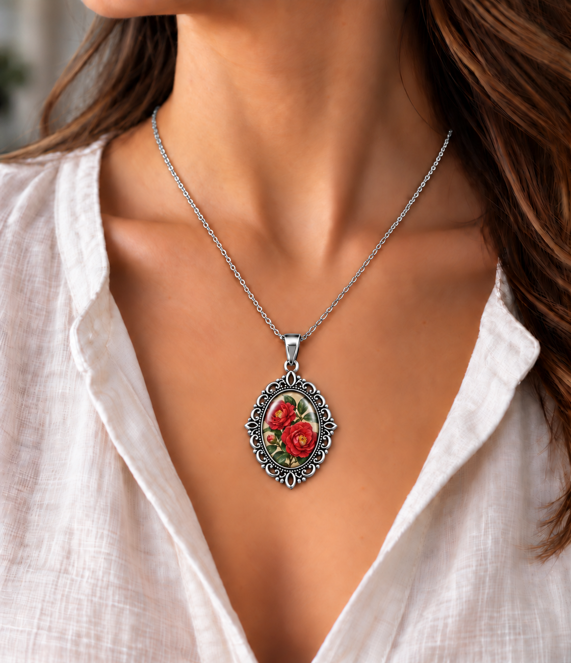 Collier Camélia Écarlate – Pendentif Floral Vintage