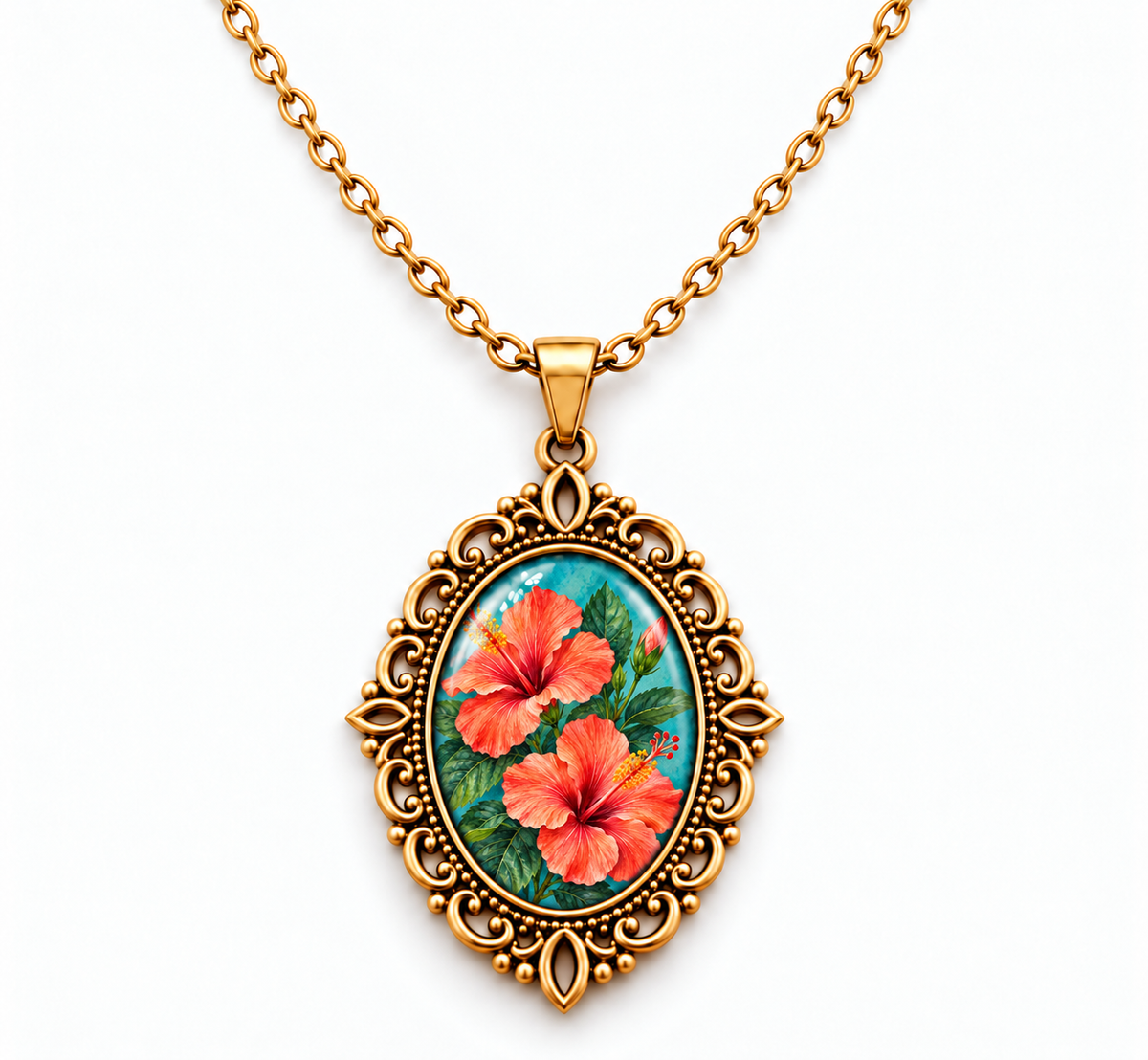 Collier Hibiscus Corail – Pendentif Floral Vintage