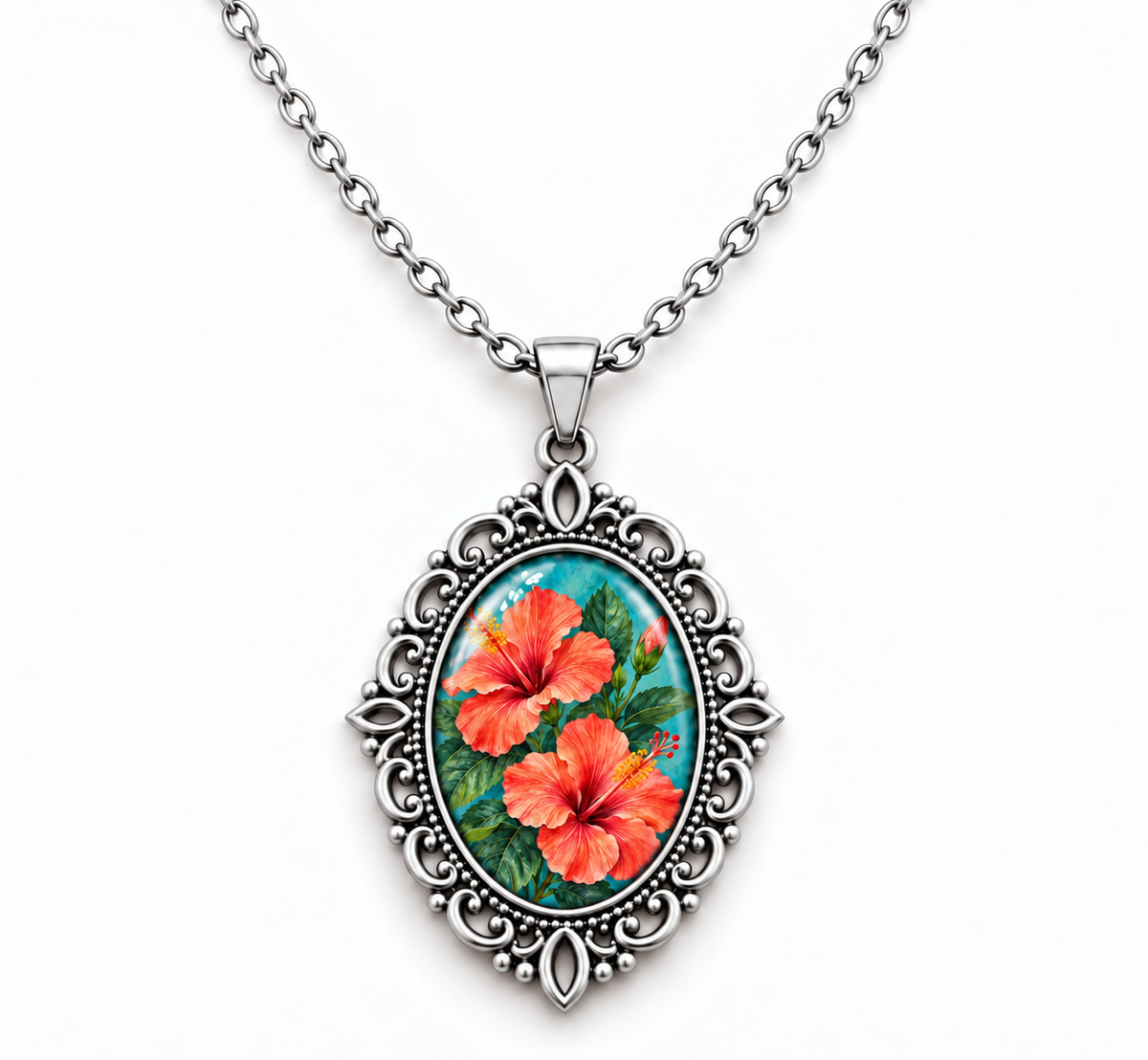 Collier Hibiscus Corail – Pendentif Floral Vintage